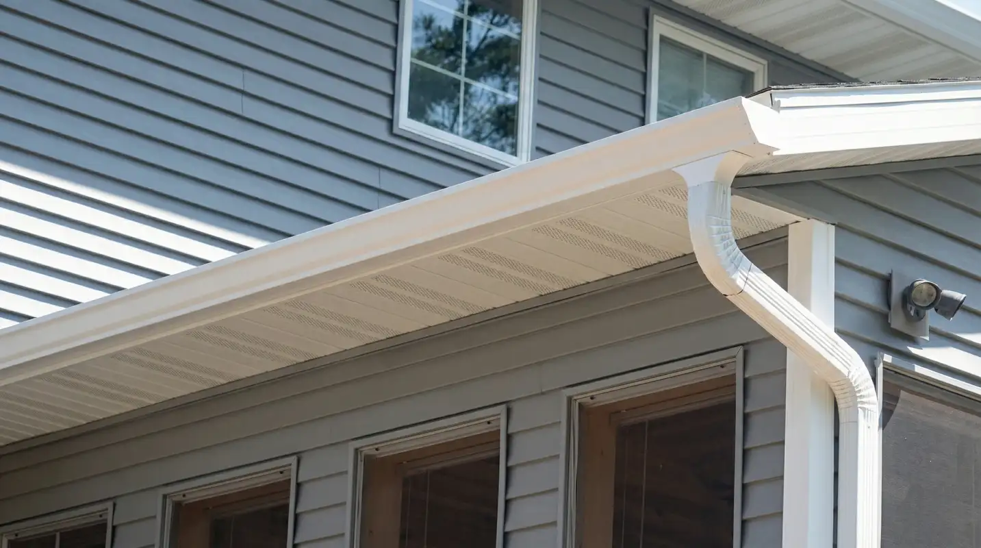 Professional home remodeling project showing newly installed white seamless gutters and downspouts on a house with gray siding in Charlotte, NC