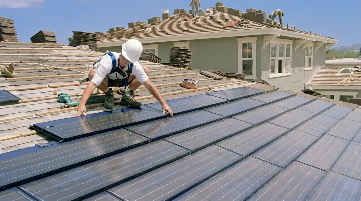 Roof replacement expert installing modern solar shingles on a residential home in Charlotte, NC