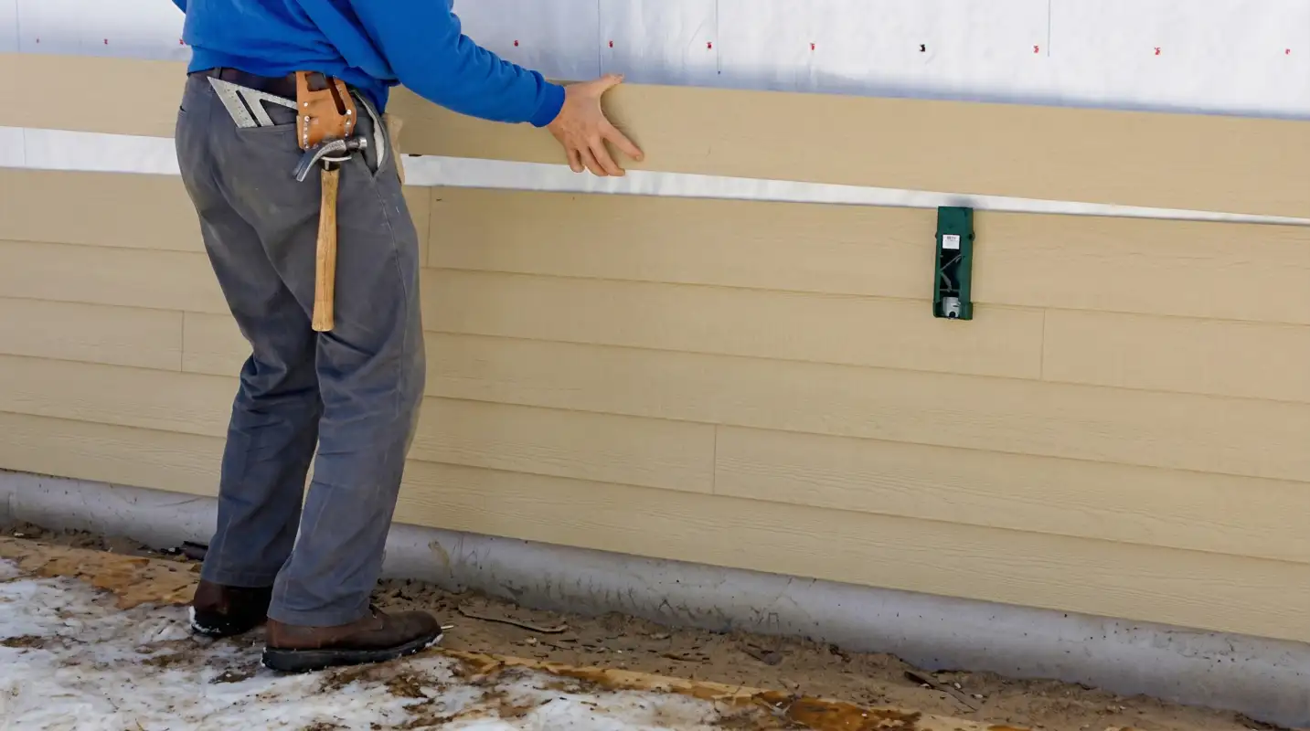 Siding replacement expert carefully aligning a new tan siding panel onto a residential exterior wall in Charlotte, NC