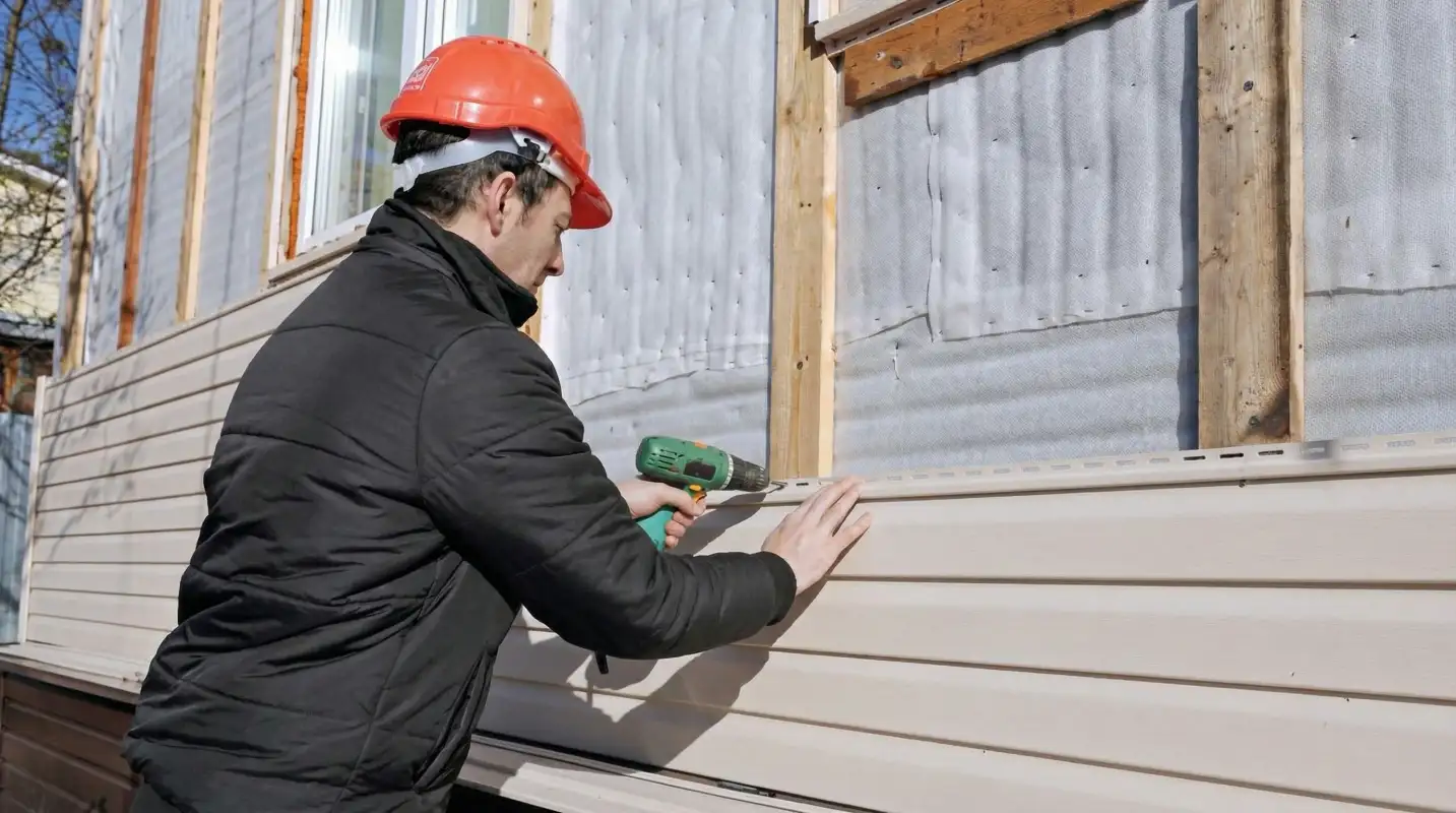Siding replacement professional using a power drill to install new tan vinyl siding on a home exterior in Charlotte, NC