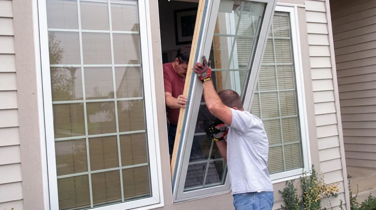 Professional home remodeling team installing a large replacement window on a house with tan siding in Charlotte, NC
