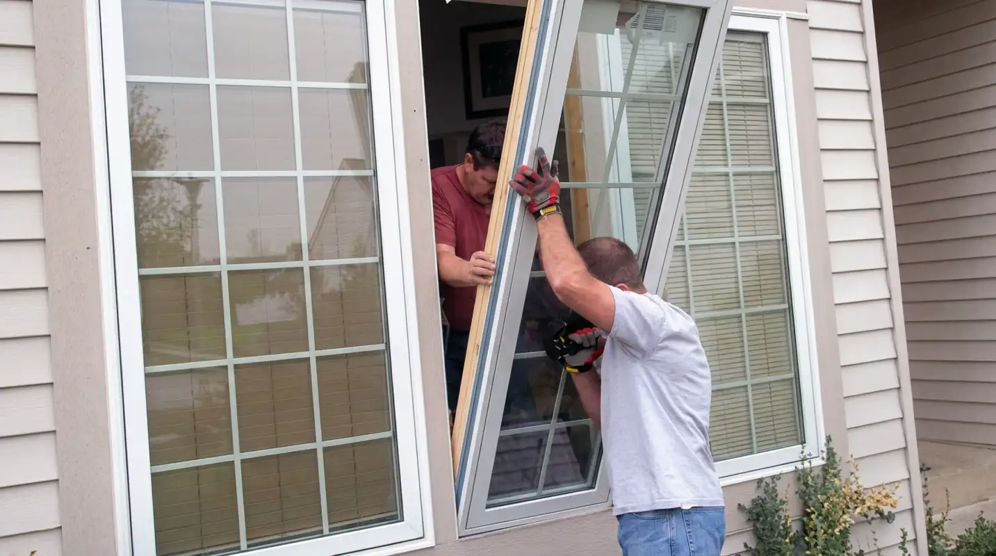 Professional home remodeling team installing a large replacement window on a house with tan siding in Charlotte, NC